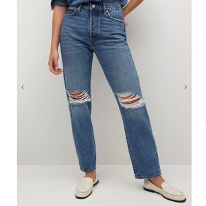 Mango Ripped medium-waist straight jeans